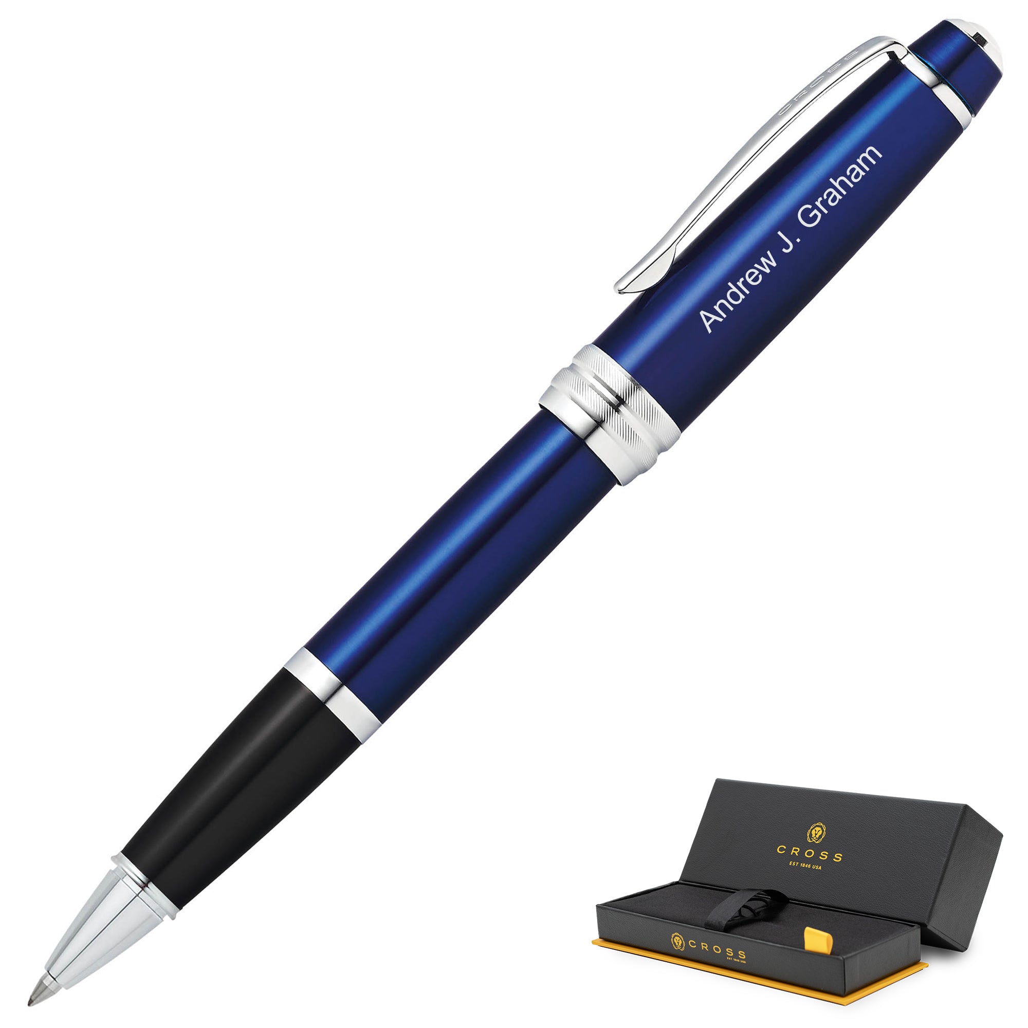 A Cross Bailey Blue Lacquer Selectip Rolling Ball Pen with a gift box, offering an exceptional writing experience.
